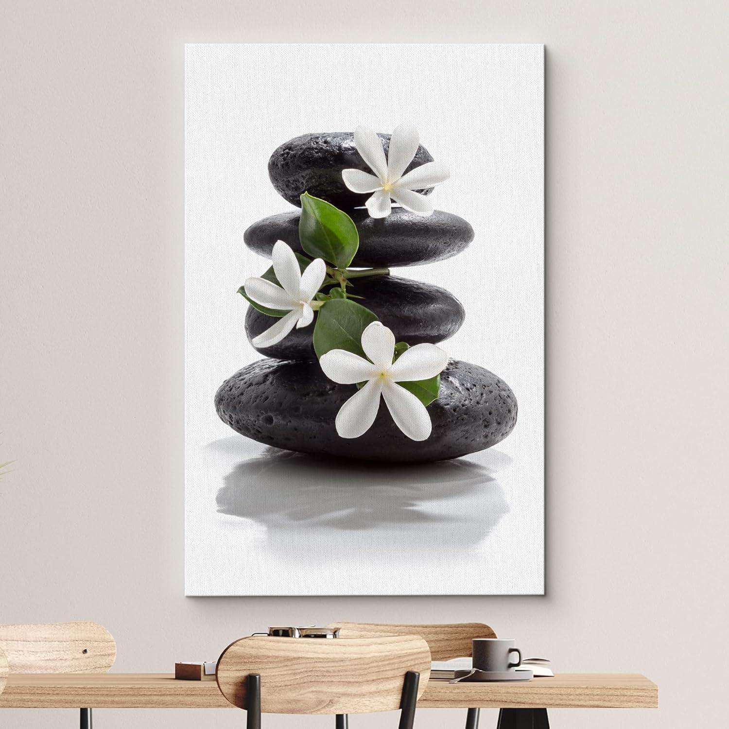 wall26 Impresión en Lienzo Arte de Pared, Piedras de Basalto Oscuro Zen con Flores de Magnolia, Fotografía Floral Natural, Realismo, Rústico, Colorido Multicolor Ultra para Sala de Estar, Dormitorio, Oficina - 12"x18"