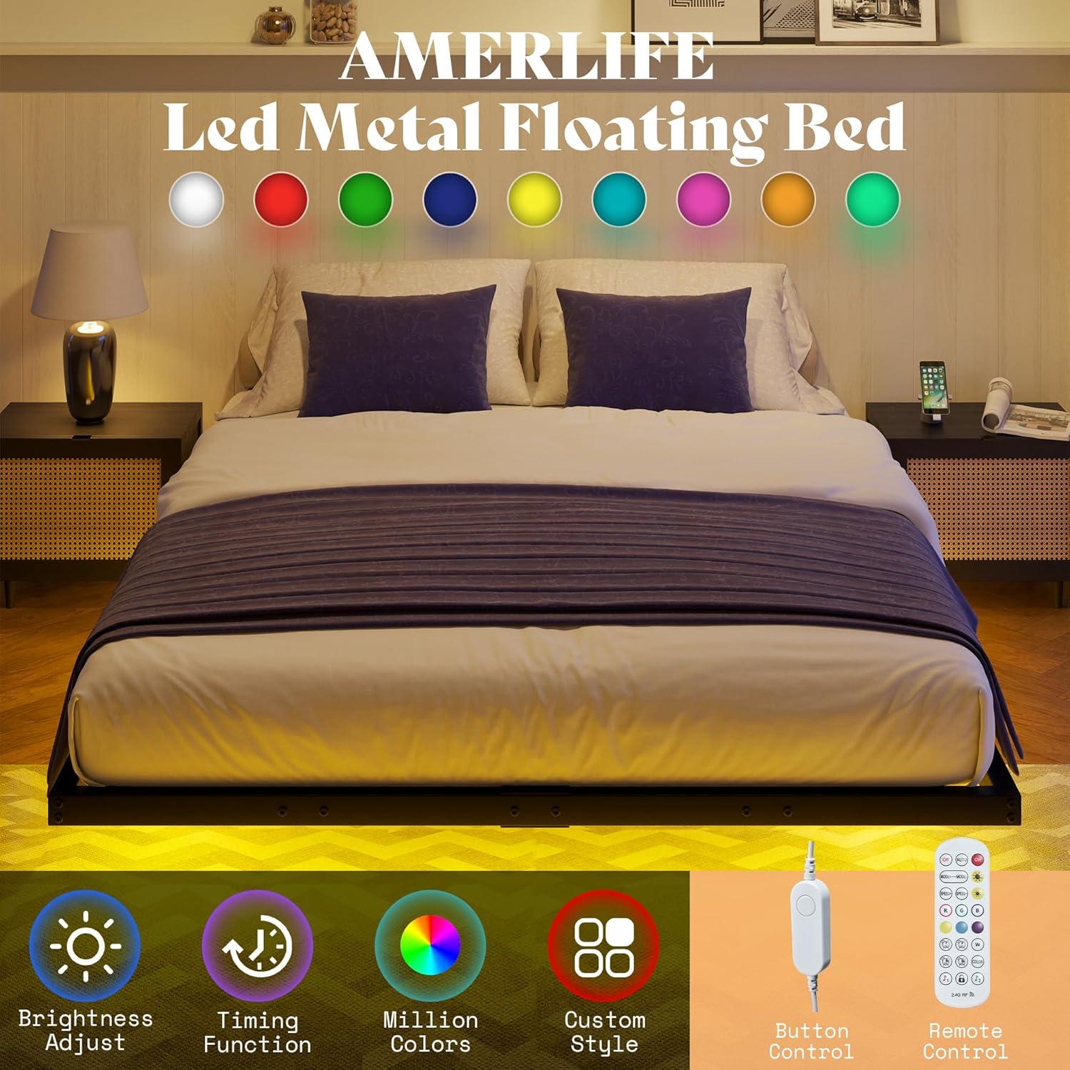 Alwyn Home Floating Bed Frame With Led Lights Metal Platform Bed, No Squeak