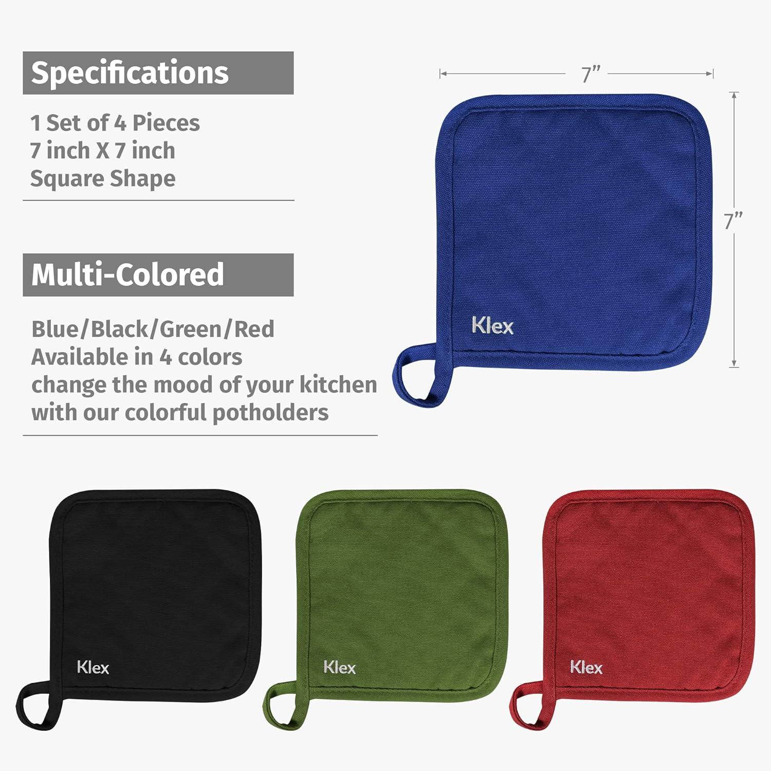 KLEX 15" Silicone Oven Mitts and Cotton Potholders 4pcs Set, 932°F Heat Resistance, Blue