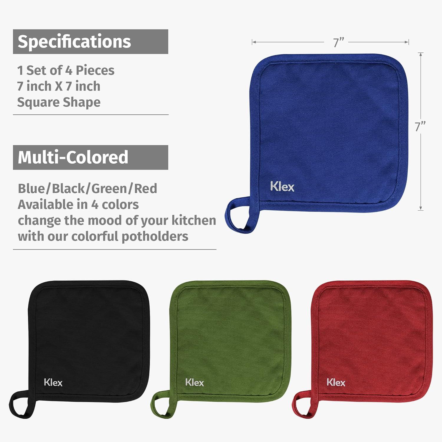 KLEX 15" Silicone Oven Mitts and Cotton Potholders 4pcs Set, 932°F Heat Resistance, Blue