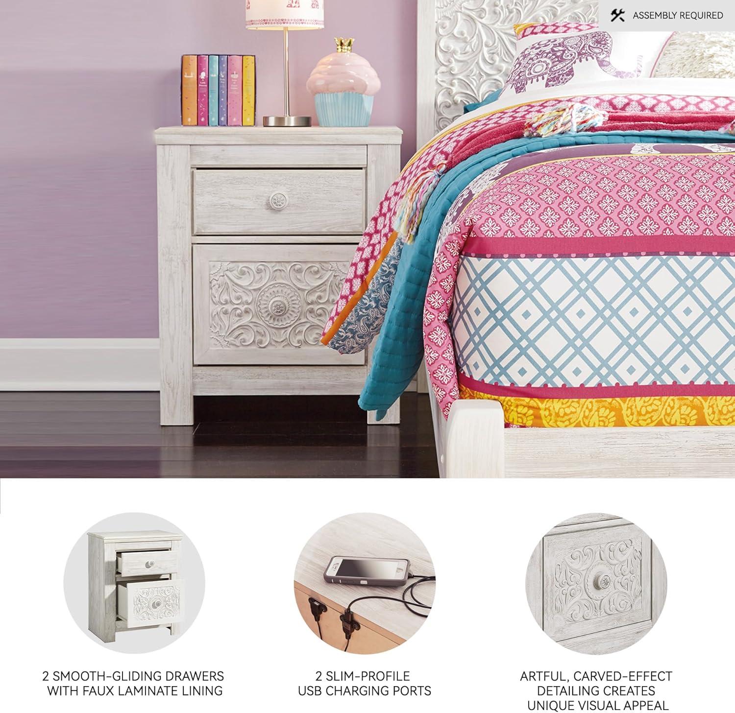 Paxberry Two Drawer Nightstand White Wash - Signature Design by Ashley: Traditional Style, USB Port, Storage Function
