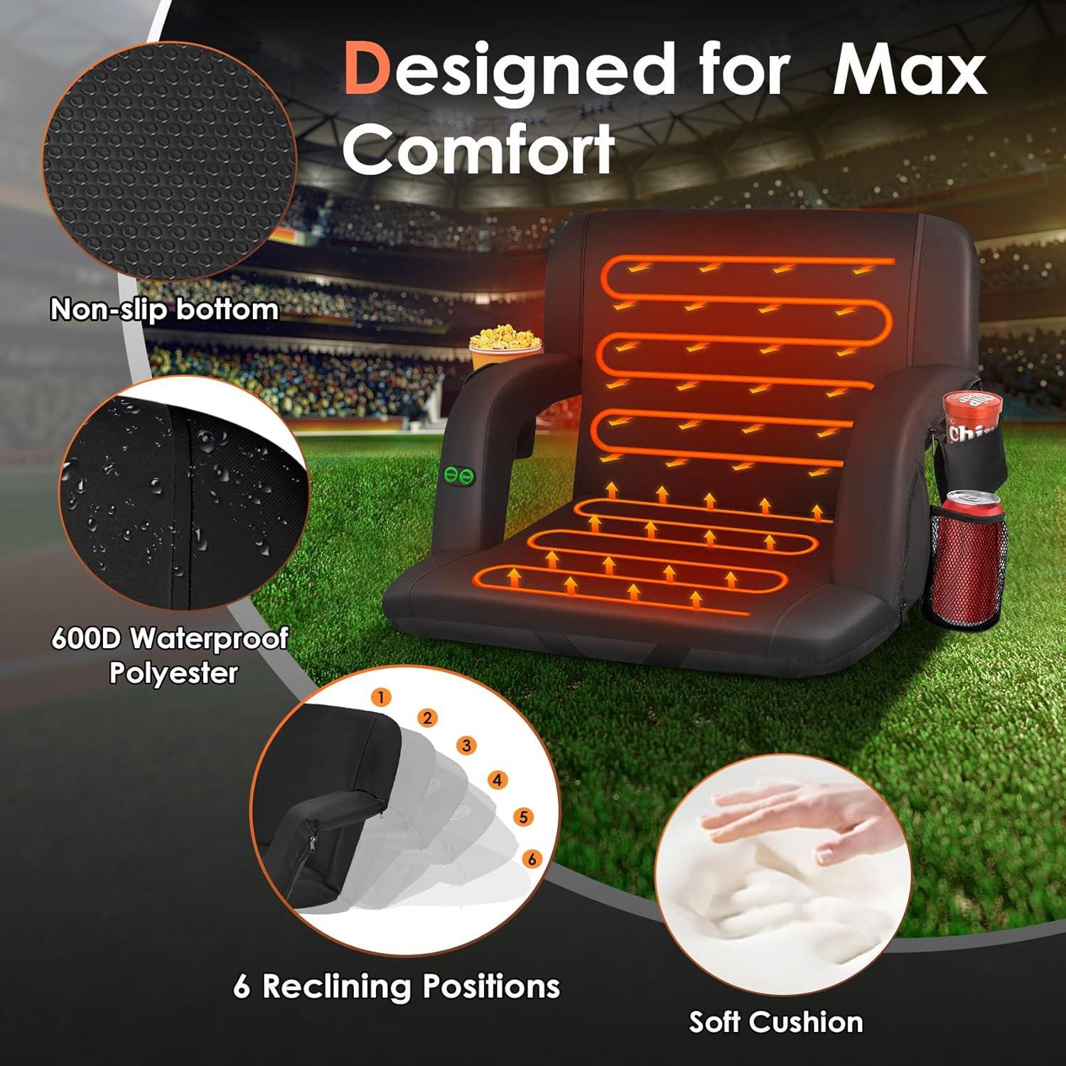 ZENPETIO 25" Oversized Dual-Sided Heated Stadium Seats for Bleachers with Back Support, 3 Levels Heating Stadium Seating for Bleachers Seat with Backrest, 5 Pockets Portable Stadium Chair for Outdoor