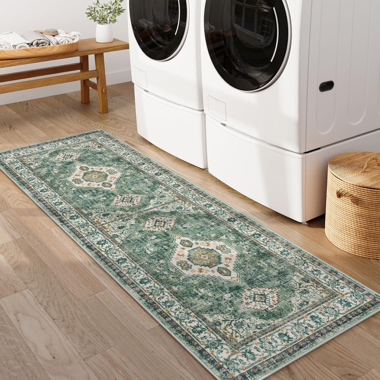 CAROMIO 2' x 6' Runner for Hallway Boho Vintage Rug Non Slip Throw Rugs Floral Bedroom Rug, Green