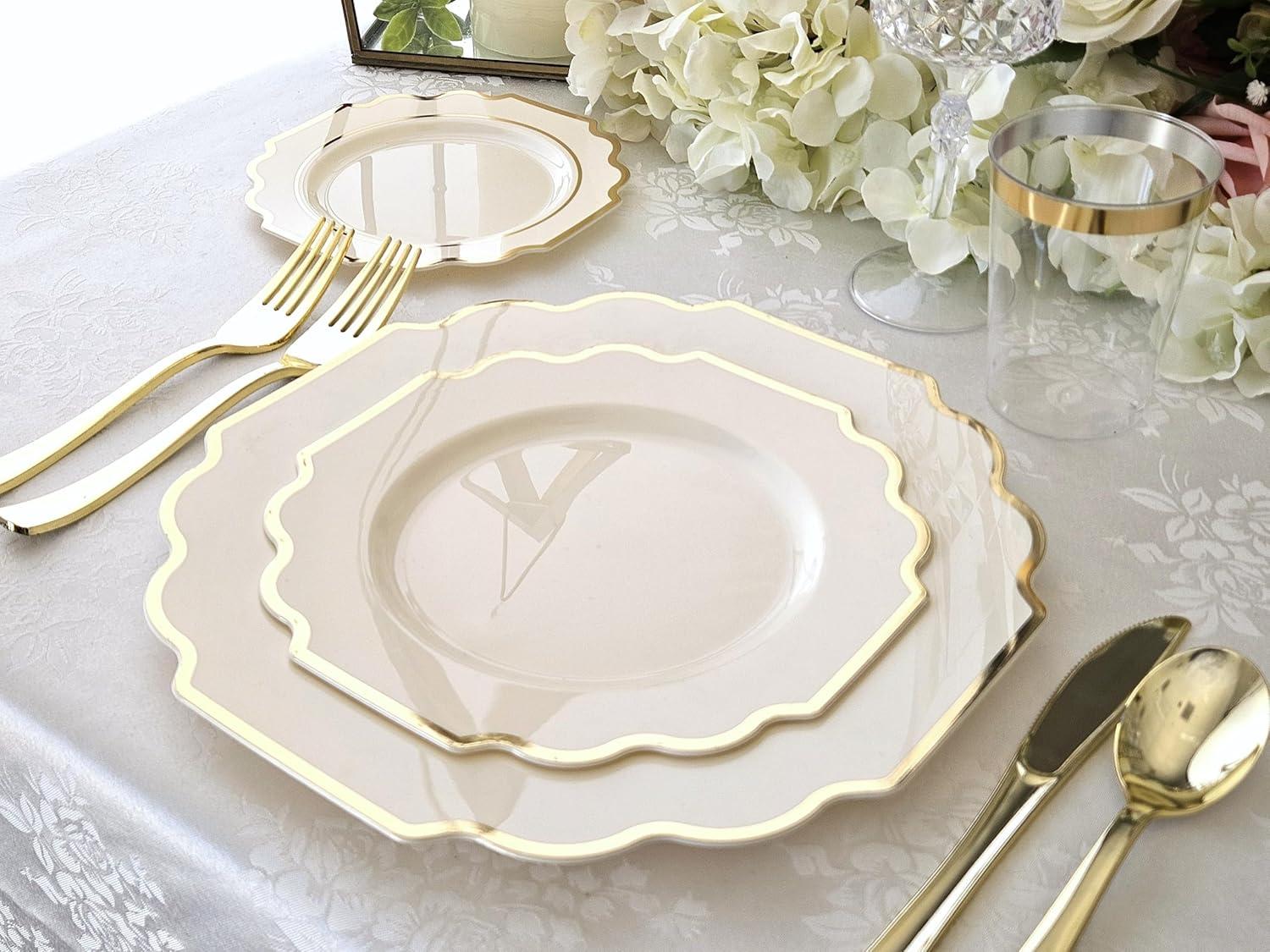 Imperial Ivory and Gold Disposable Plastic Wedding Plates Set