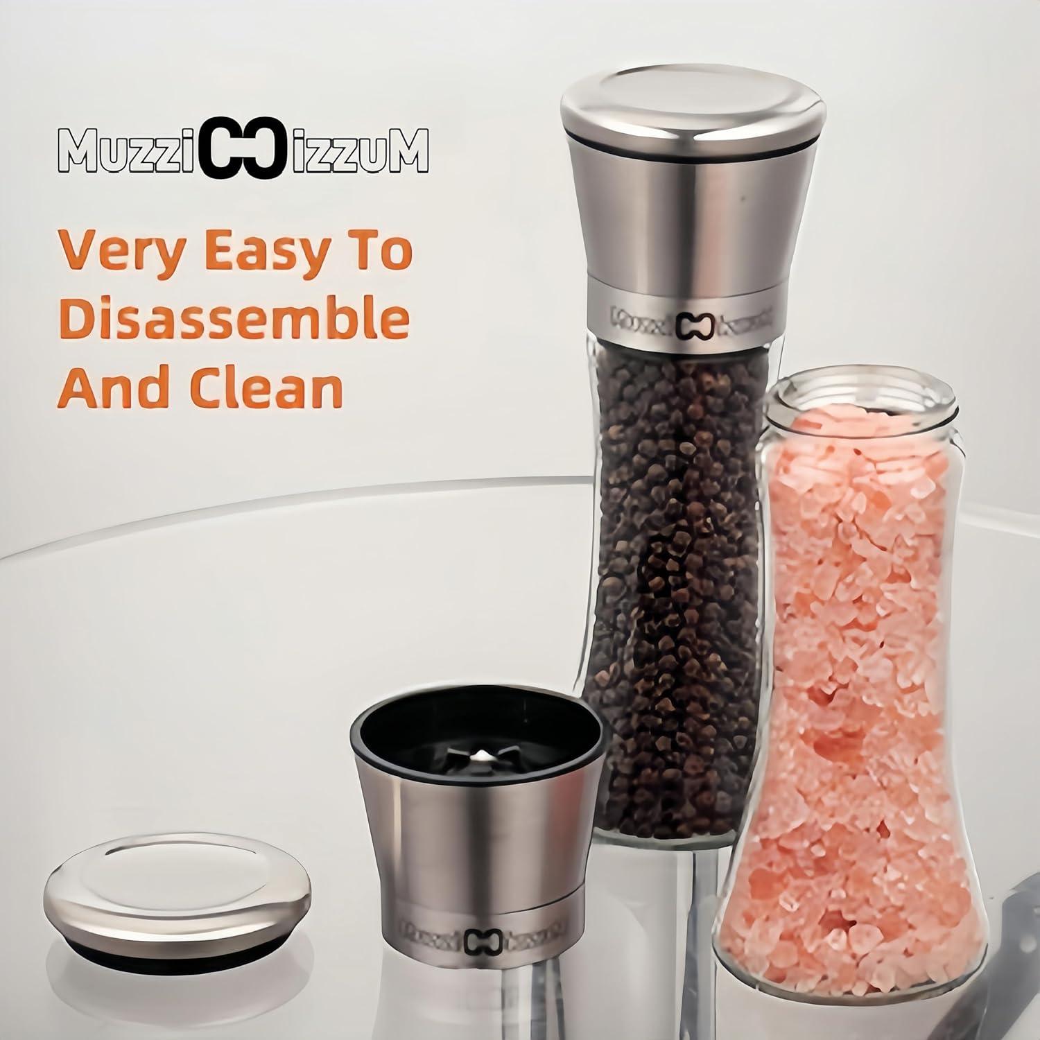 Textiles Hub Premium Salt And Pepper Grinder Set Of 2 - Two Refillable Stainless Steel Sea Salt & Spice Shakers With Adjustable Coarse Mills - Easy Clean Grinders Funnel & Cleaning Brush