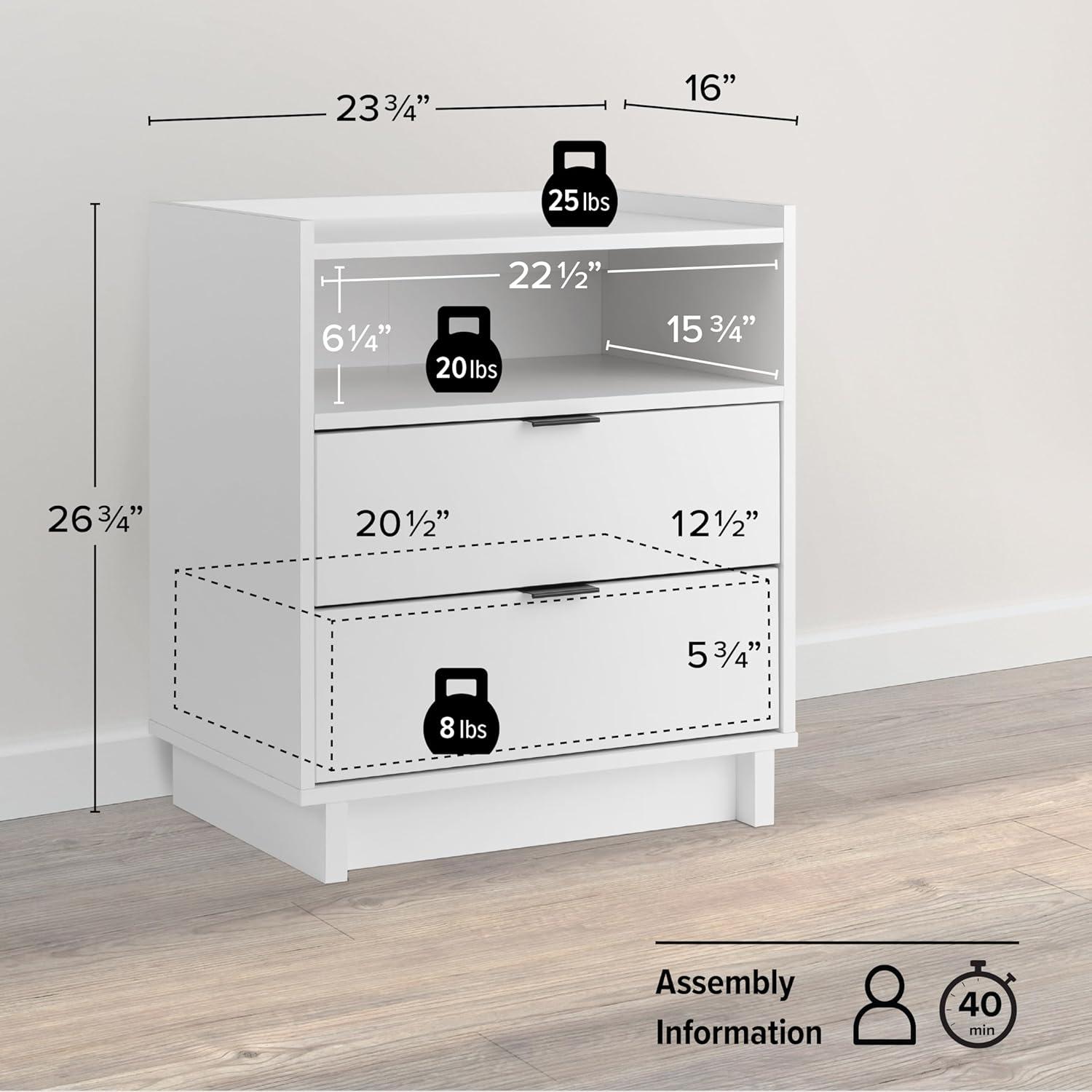 Simply Modern White 2 Drawer Nightstand with Open Shelf