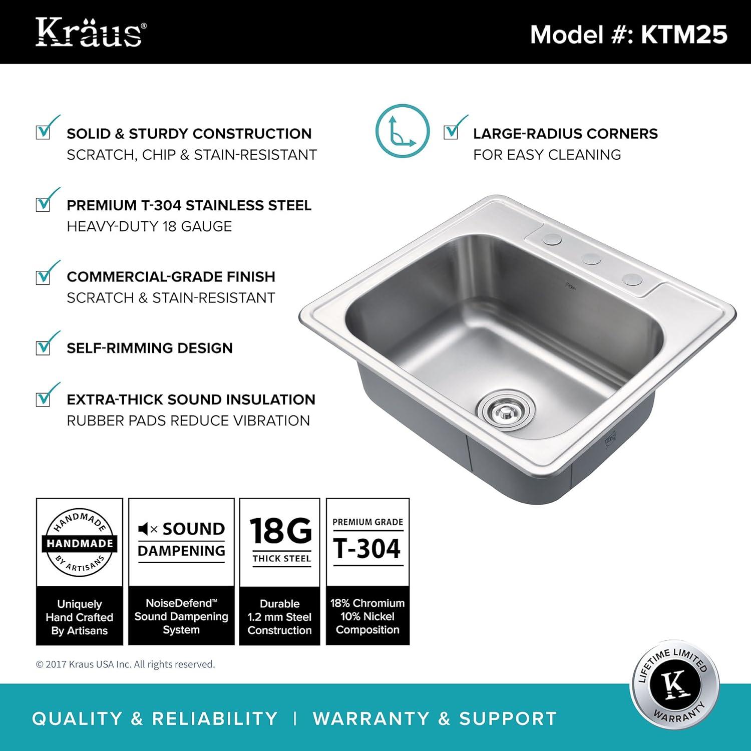 KRAUS 25 inch L Topmount Single Bowl 18 Gauge Stainless Steel Kitchen Sink with NoiseDefend Soundproofing