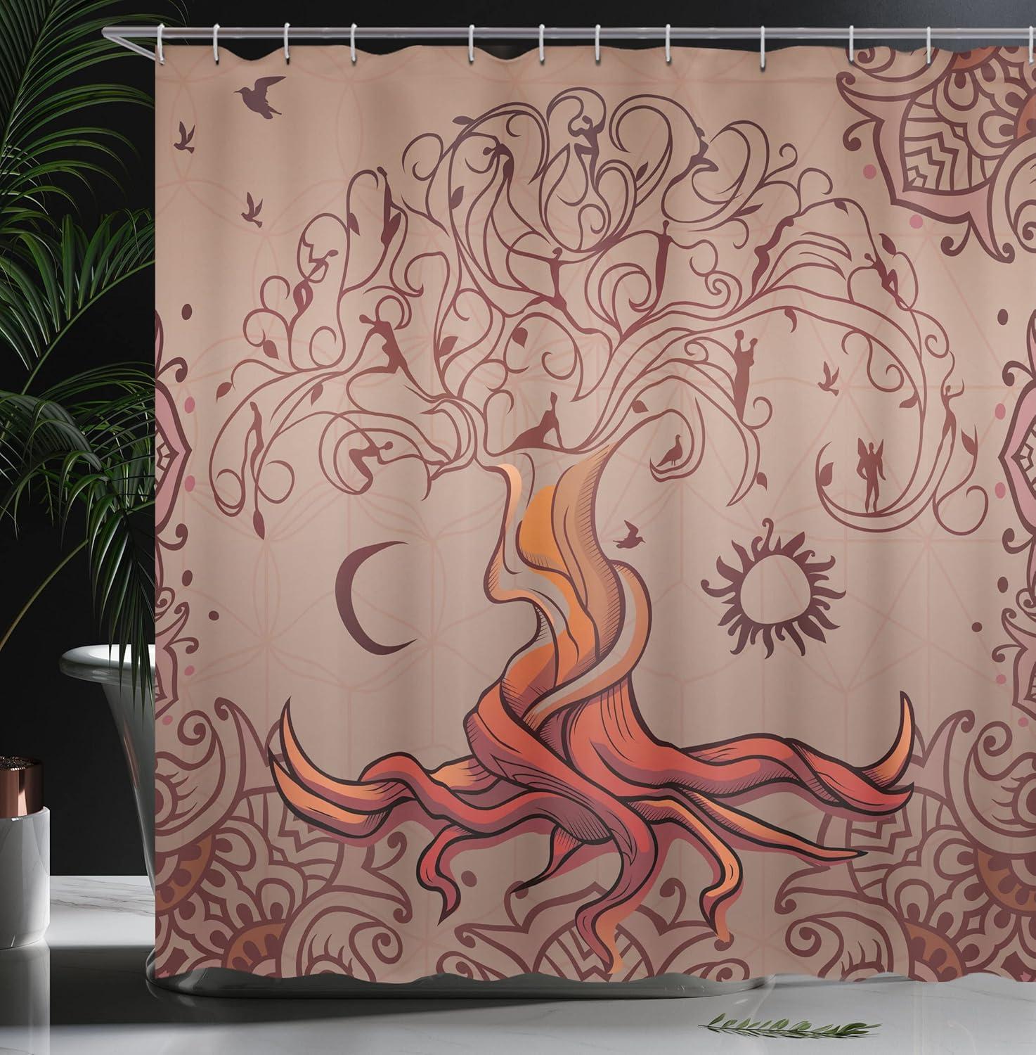 Ethnic Shower Curtain, Vintage Tree of Life with Sun and Moon Elf on Branches Enchanted Universe Image, Fabric Bathroom Set with Hooks, 69W X 70L Inches, Purple, by Ambesonne