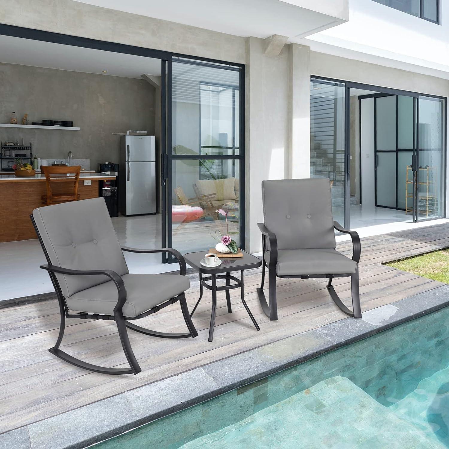 Crownland Outdoor Rocking Chairs Patio Furniture 3 Piece Patio Set Bistro Table Set Black Iron with Thickened Cushions and Glass Coffee Table, Grey