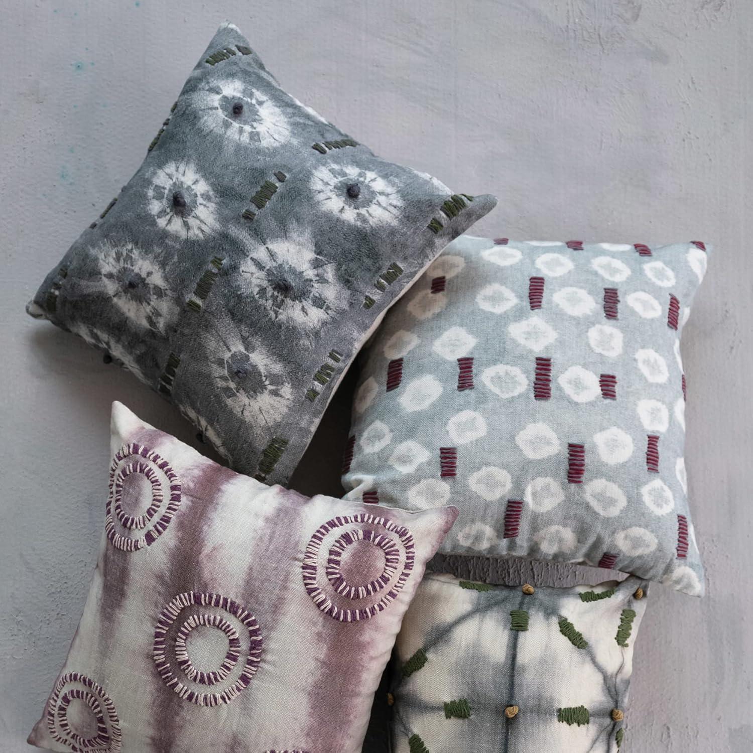 Creative Co-Op Linen Printed Hand-Embroidery and Chambray Back, Multicolor Pillow Covers, 18" L x 18" W x 0" H