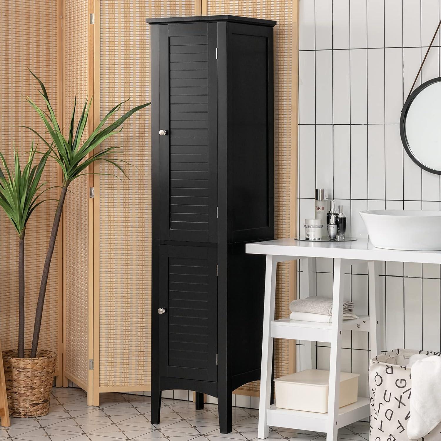 5 Tier Wooden Freestanding Tower Cabinet Tall Bathroom Storage Cabinet Black