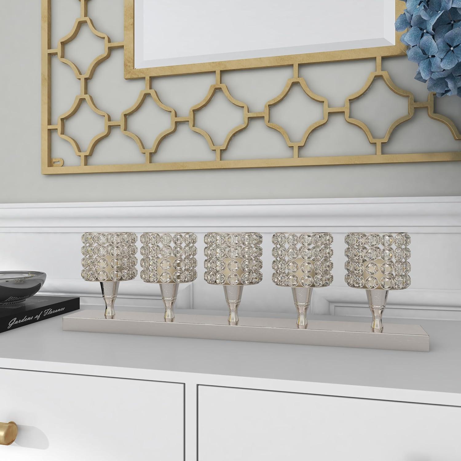 House of Hampton® Aluminum Metal Pillar 5 Crystal Sleeve Decorative Silver Candelabra