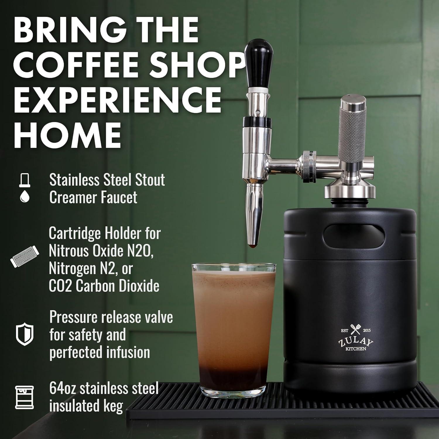Zulay Nitro Cold Brew Coffee Maker - 64 oz Keg with Creamer Faucet, Collapsible Funnel & Drip Mat