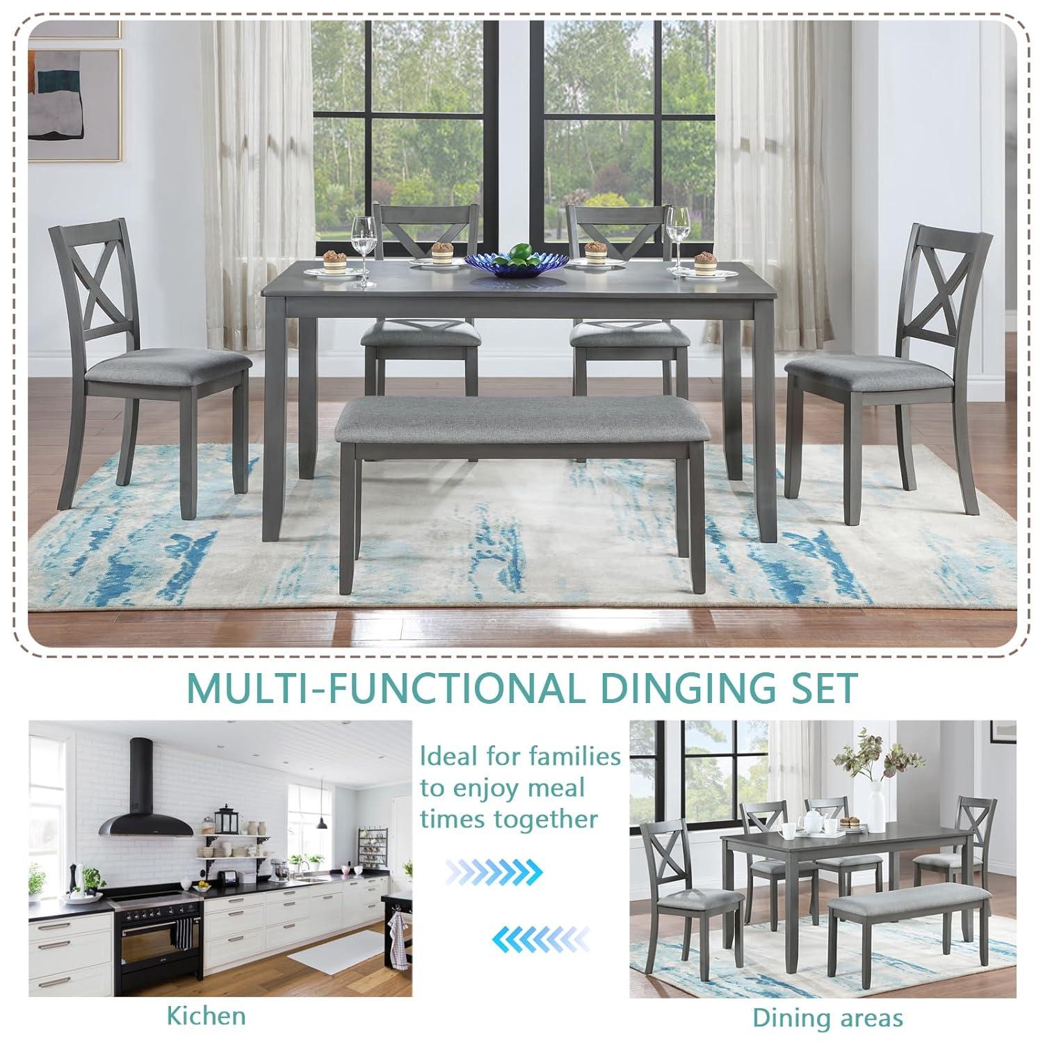 UHOMEPRO 6 Piece Dining Table Set with Bench and Chairs, Dining Table Set for 6, Rectangular Wooden Dining Table with 4 Upholstered Chairs and Bench, Dining Room Set for Kitchen, Gray B
