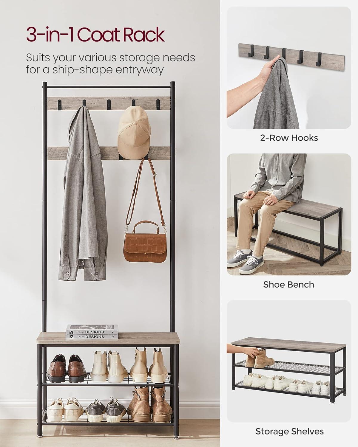 Coat Rack Hall Tree with Shoe Storage Bench Entryway Bench with Shoe Storage for Entryway Greige and Black