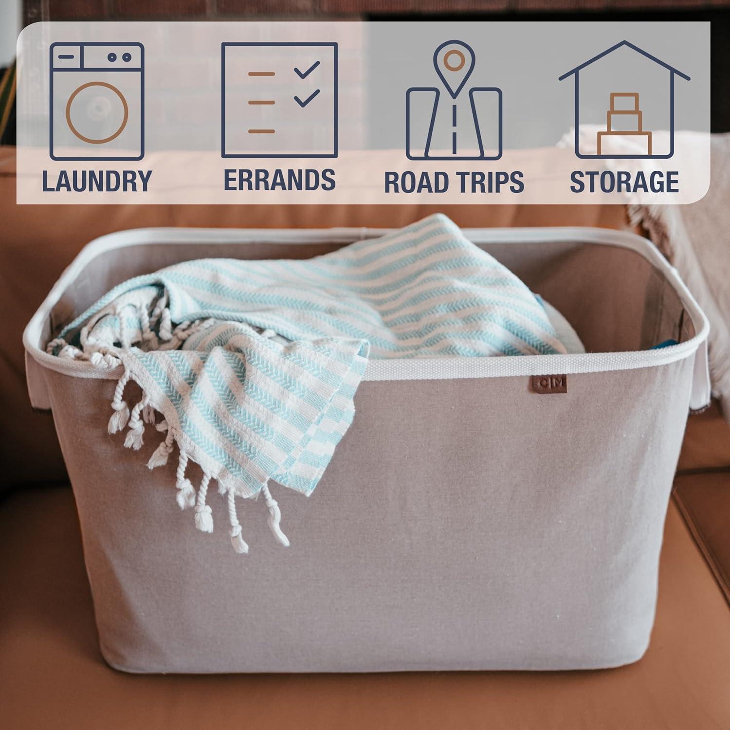 Cream Herringbone Collapsible Fabric Laundry Basket with Vegan Leather Handles