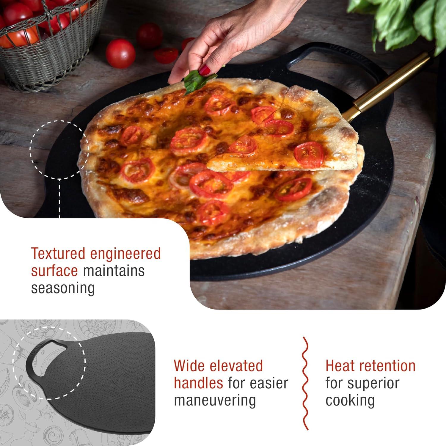 Victoria 15-Inch Black Cast Iron Pizza Pan with Handles