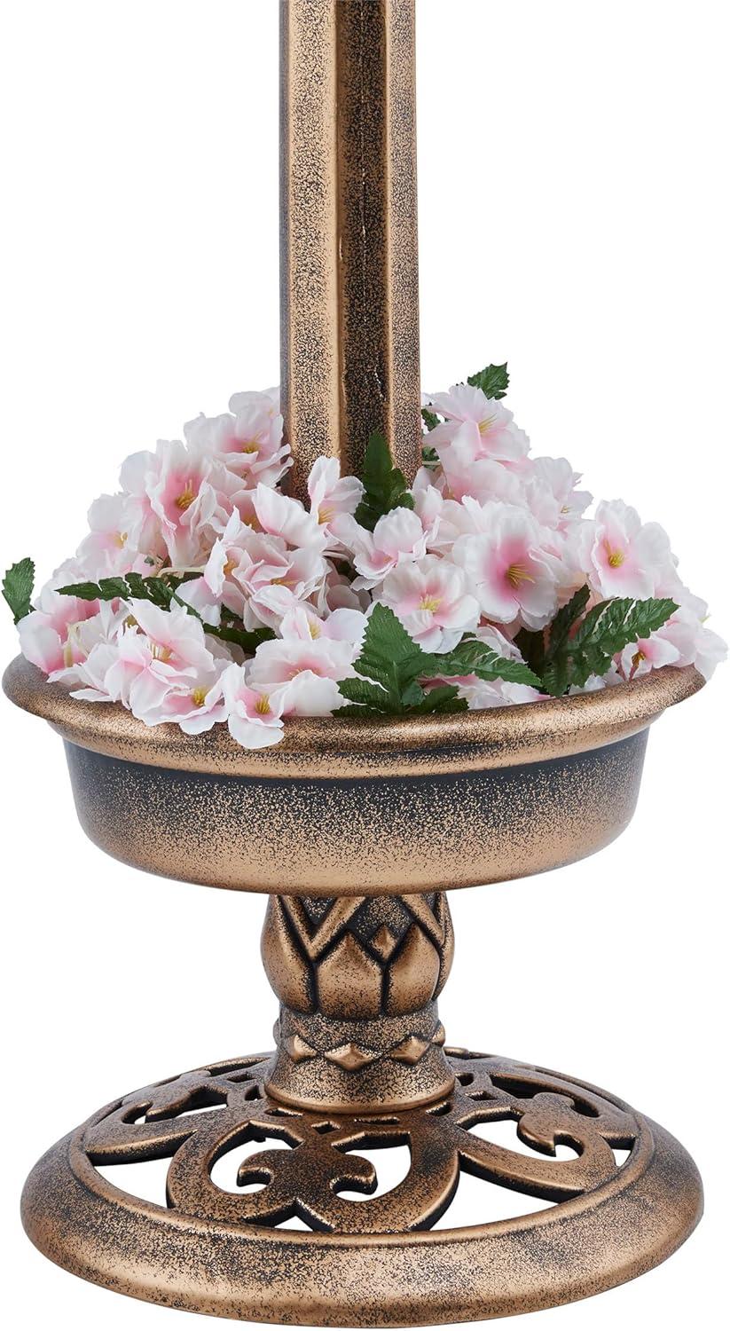 Bronze Outdoor Pedestal Birdbath with Planter and Solar LED