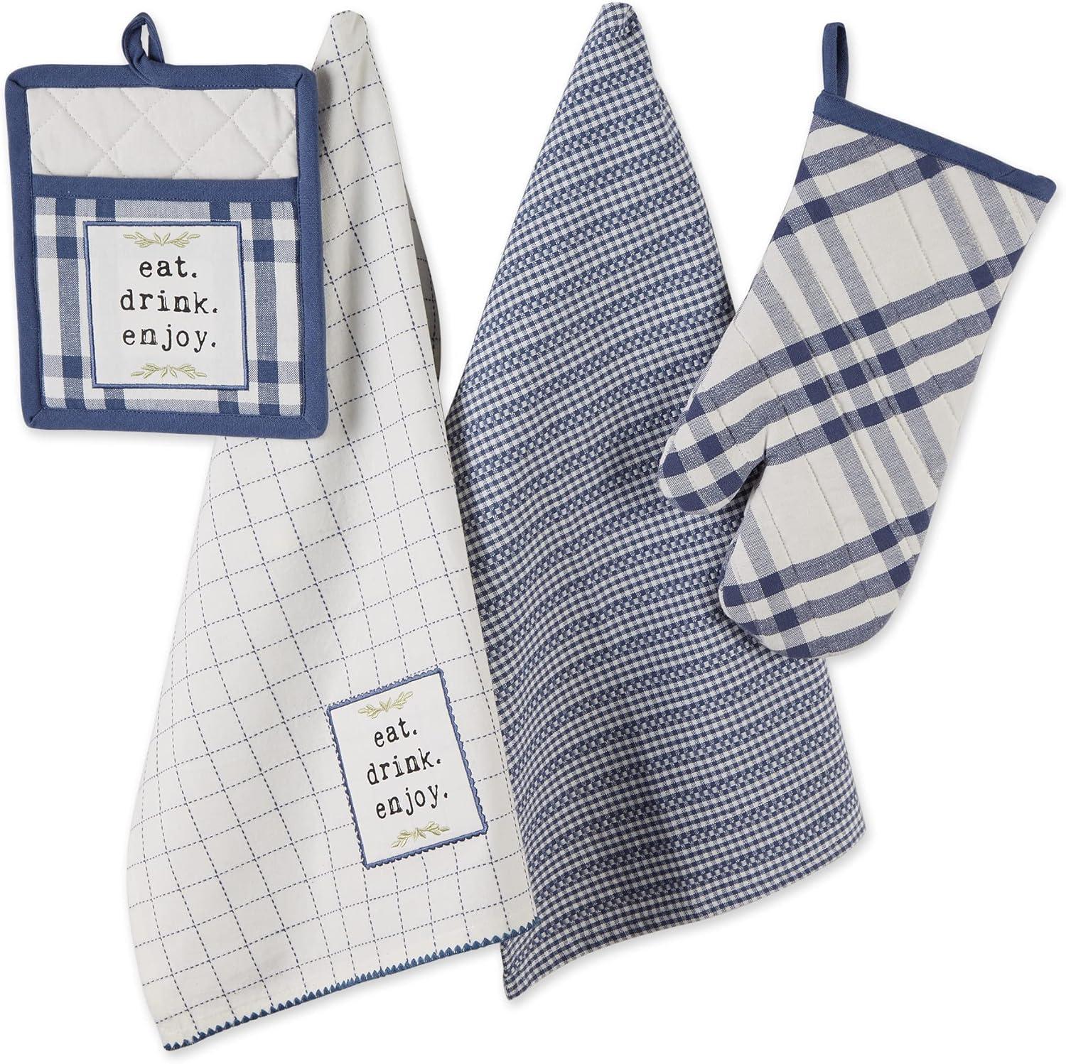 French Blue Cotton Plaid Kitchen Towel and Mitt Set