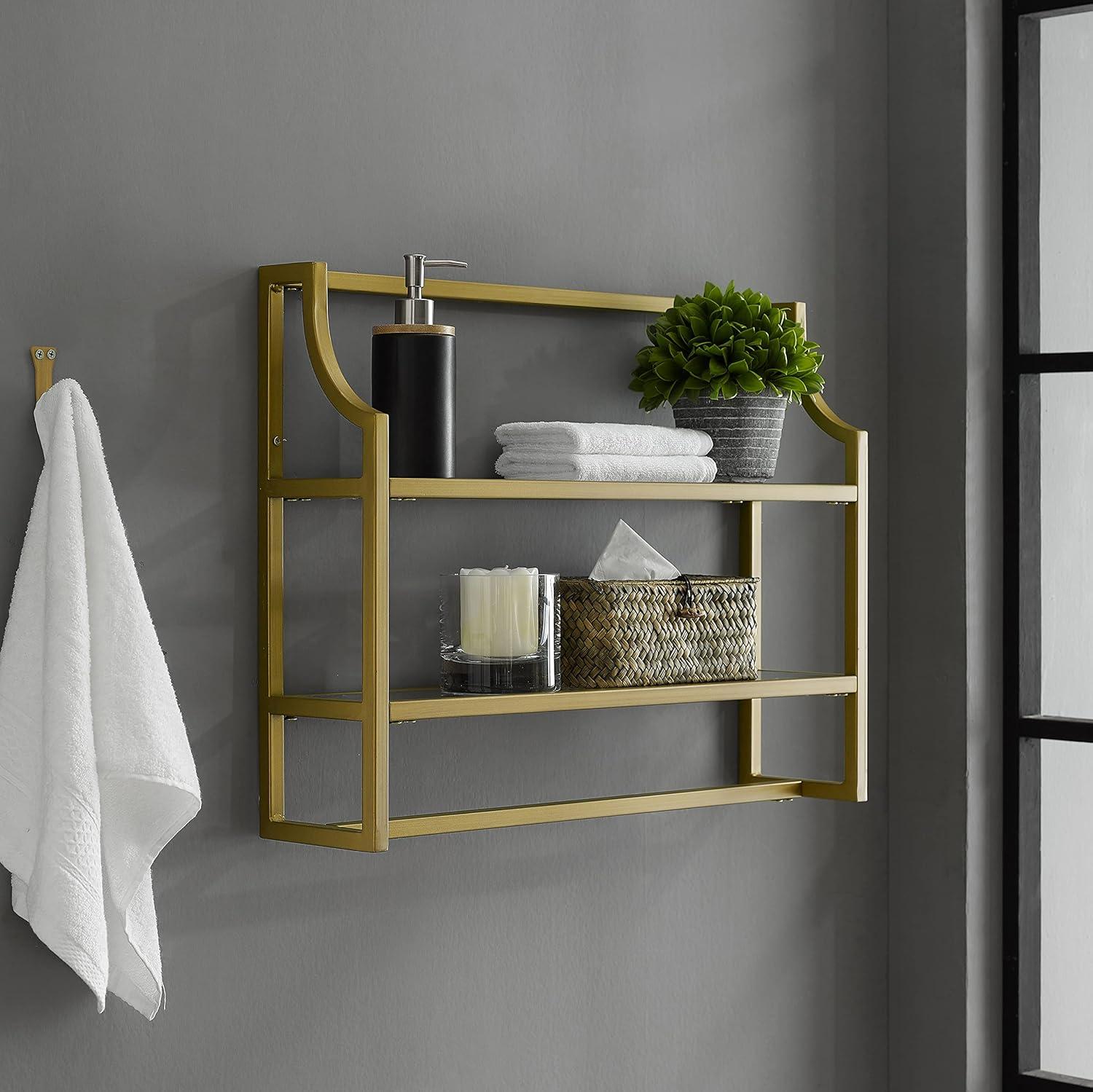 Crosley Aimee Wall Shelf Gold: Modern Luxury Storage with Tempered Glass, Steel Frame, Open Design