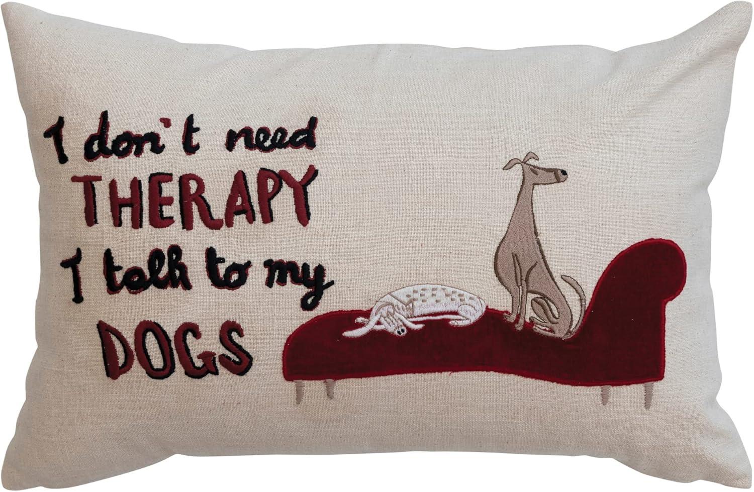 Cotton Lumbar Pillow with Embroidered Dog Illustration and Message