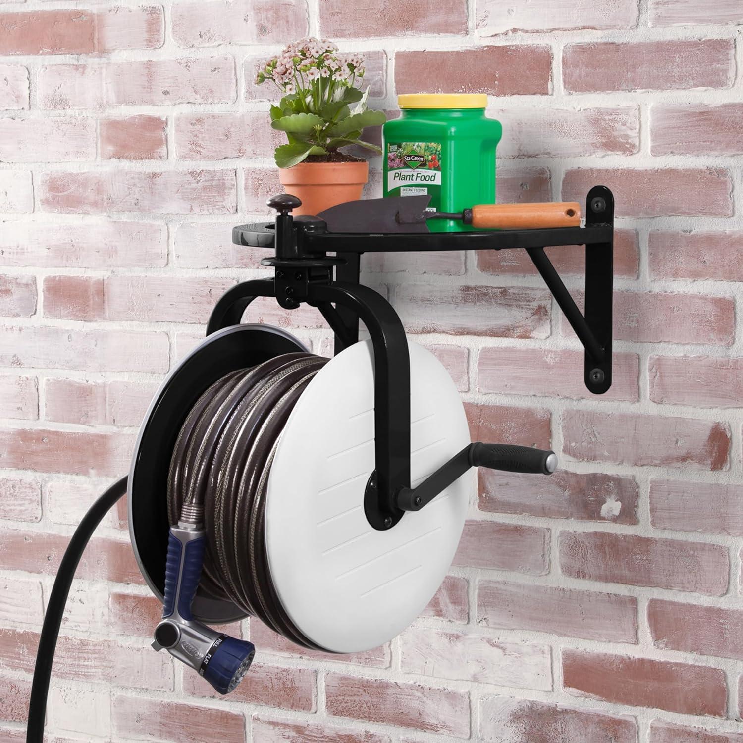 Black and White Steel Wall-Mount Hose Reel with 125-ft Capacity