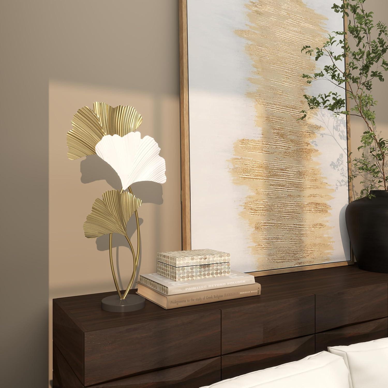 14" x 24" Gold Metal Curved Ribbed Leaf Sculpture with White Accent, by DecMode