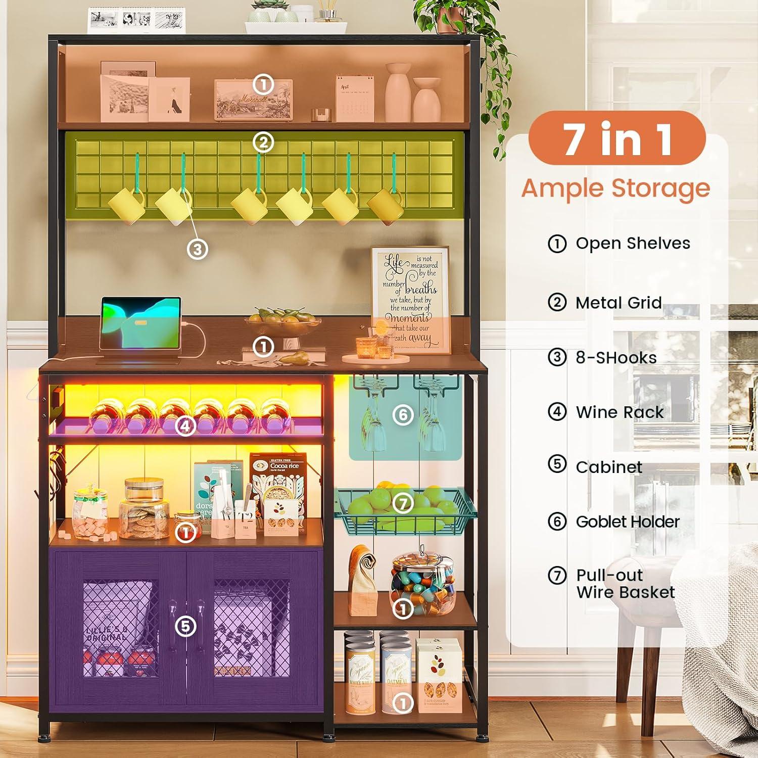 Kitchen Bakers Rack with Storage Shelves, Microwave Stand with Power Outlet and LED Light, Coffee Bar Cabinet Wire Basket Metal Grid Wine Rack Goblet Holder Hooks (Black, Small)