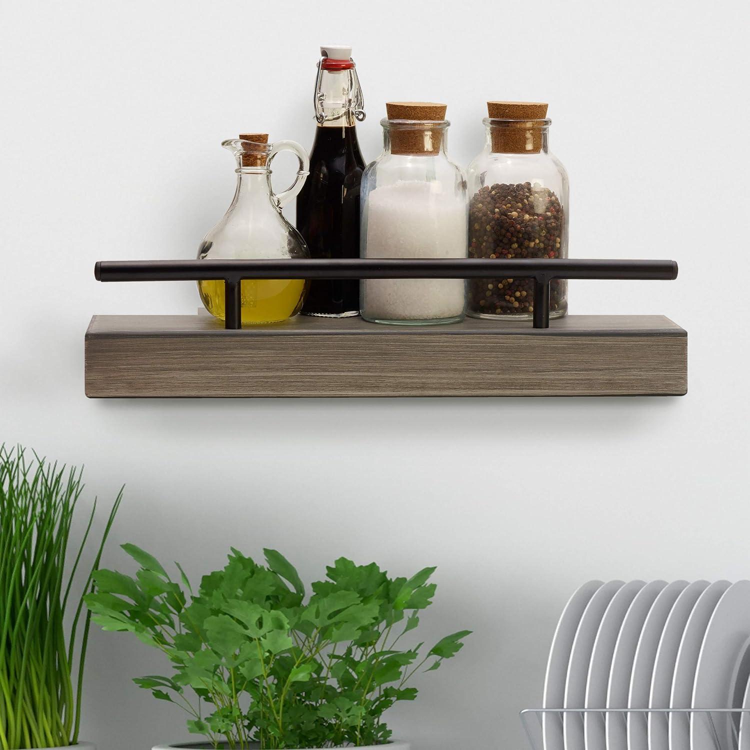 Distressed Gray MDF Floating Wall Shelf with Metal Railing