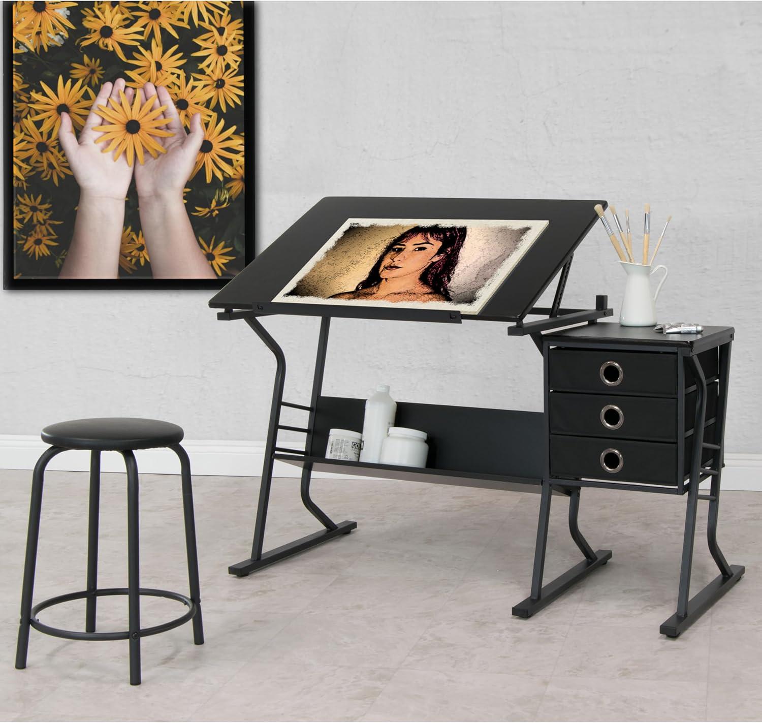 Studio Designs Home 2pc Eclipse Ultra Center/Drawing Table with Angle Adjustable Top, Storage Shelf, and Drawers with Padded Stool Set Black