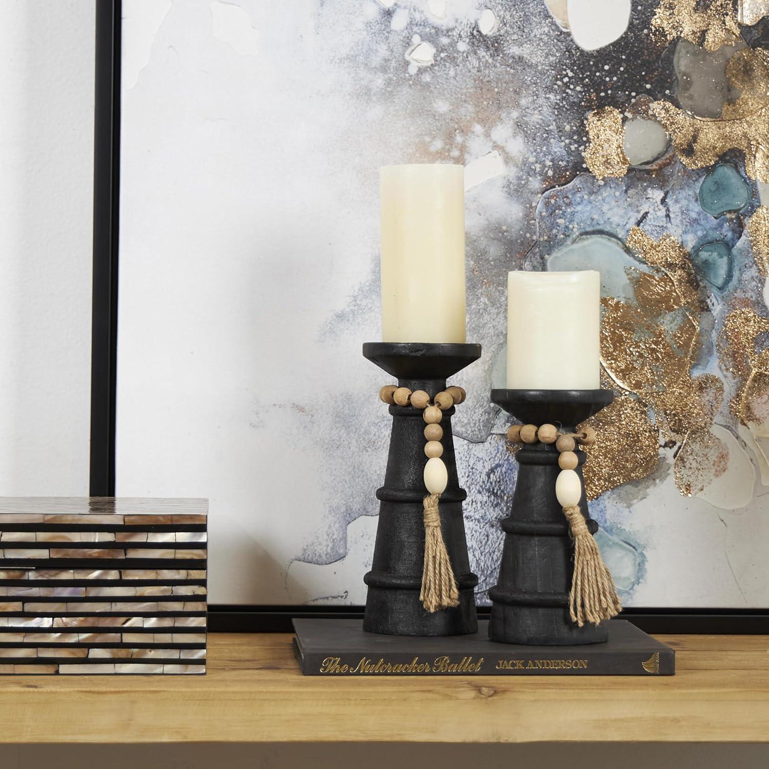 DecMode 2-Slot Brown Wood Tealight Hurricane Lamp, Set of 2