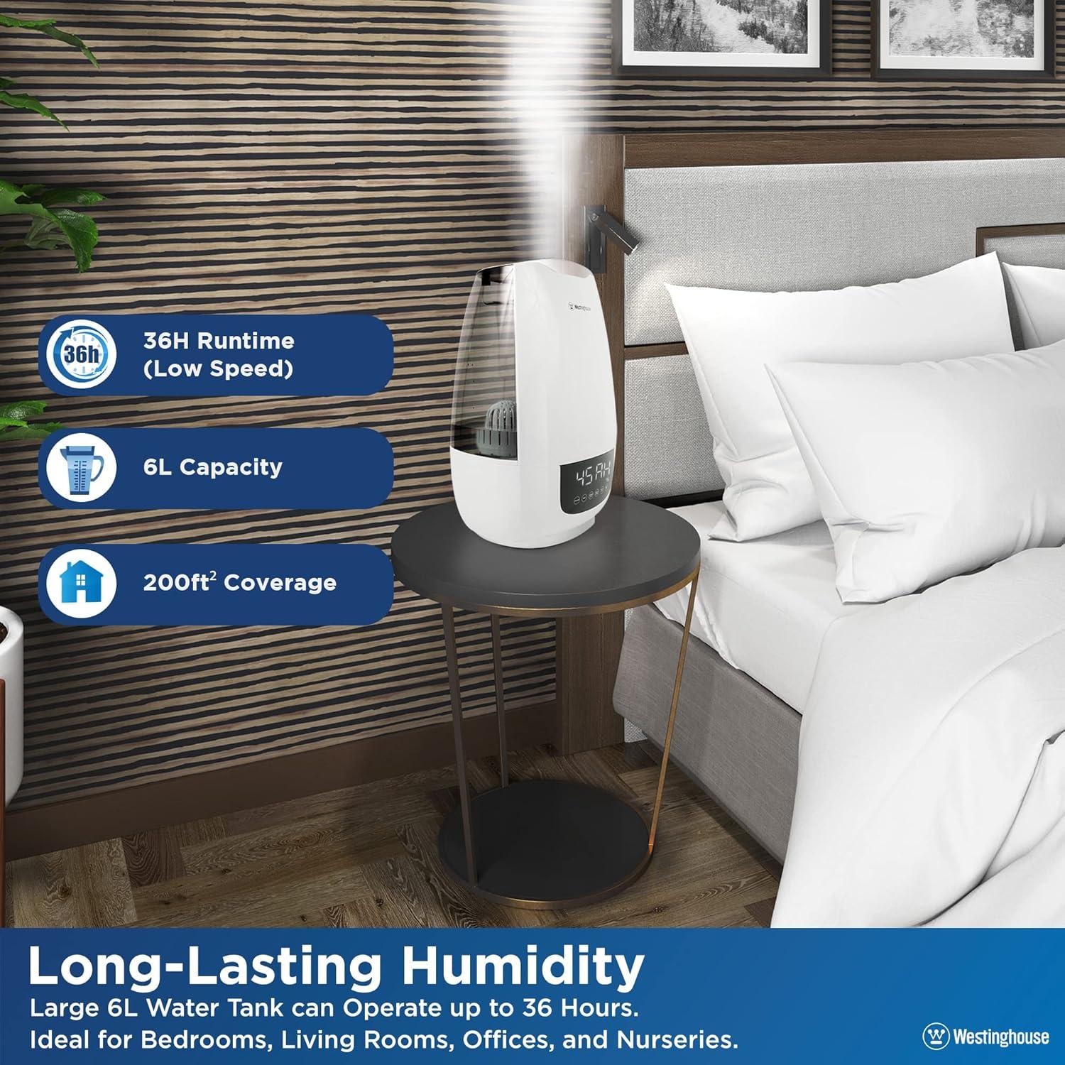Westinghouse Digital Cool Mist Ultrasonic Humidifier, 6L Air Humidifier and Essential Oil Diffuser, Adjustable Mist Volume and Humidity Control