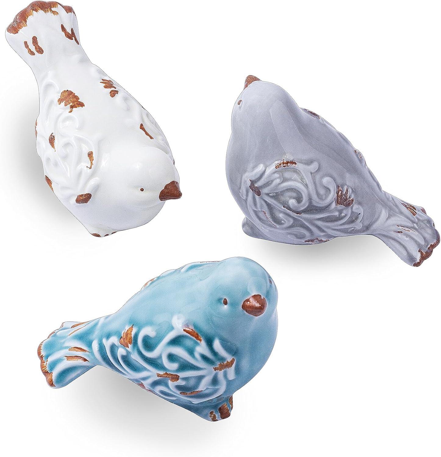 Set of 3 Classic Ceramic Bird Figurines in Distressed Finish