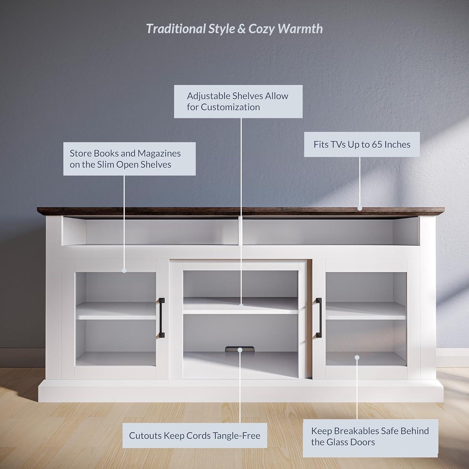 BELLEZE Modern 60 Inch Traditional TV Stand & Media Entertainment Center Console Table for TVs up to 65 Inches with Open Storage Shelves & Cabinets - Cayman (White)