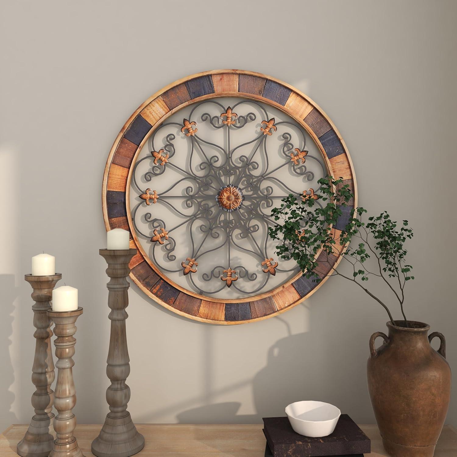 Rustic Arabesque Scroll 35" Round Wood & Iron Wall Decor