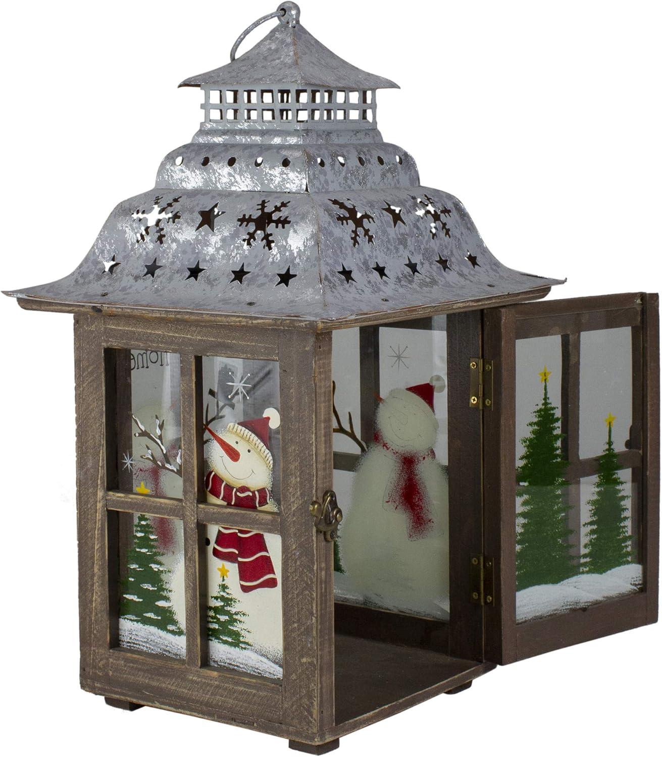 16.5" Rustic Wooden Snowman Holiday Scene Christmas Pillar Candle Lantern