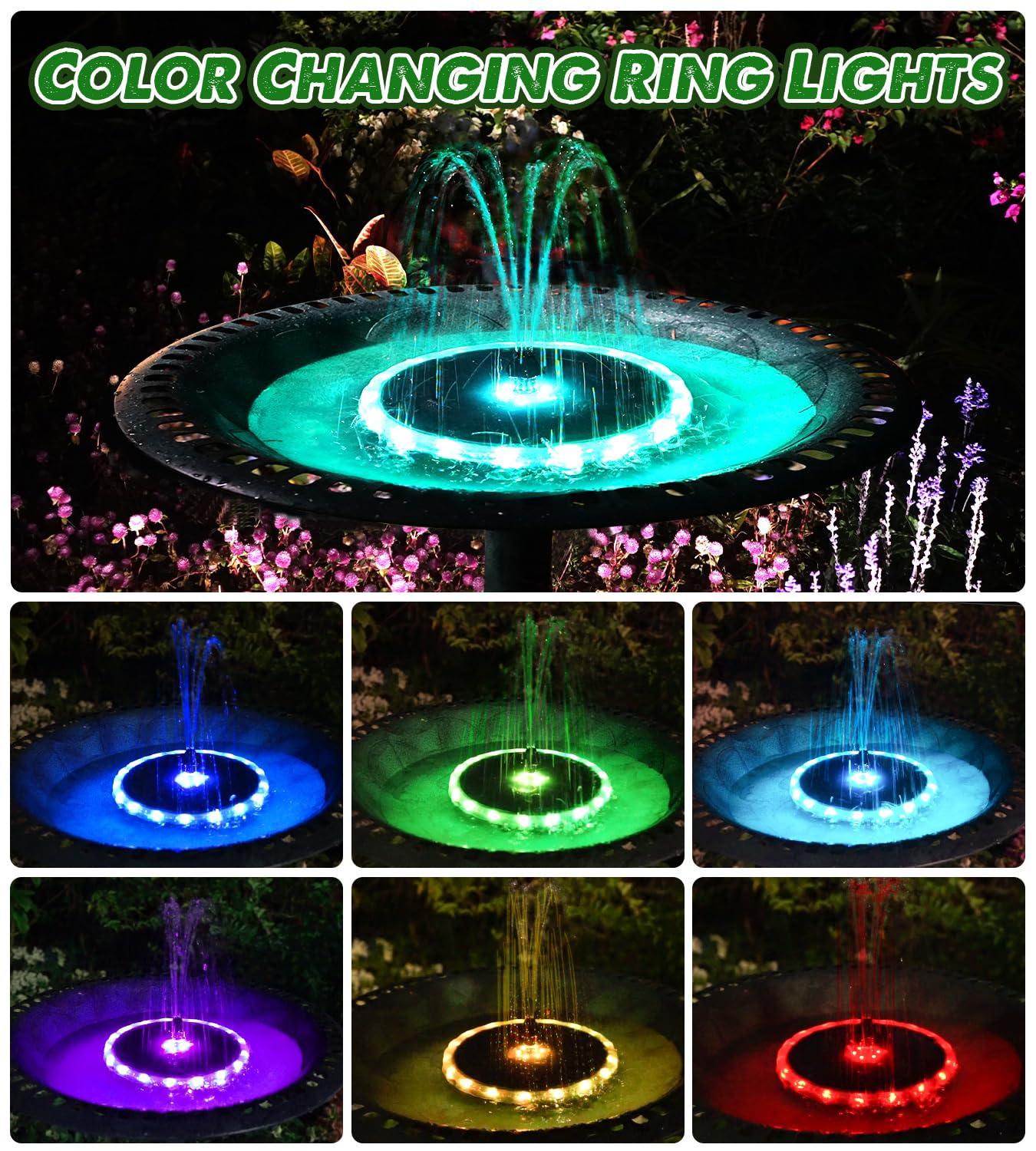 Solar Fountain Matte Panel with 4000 mAH Battery, 4W Bird Bath Fountains Solar Power with 8 Nozzles, Floating Solar Fountain Pump for Bird Bath, Garden, Pond, Outdoor (Color Change)