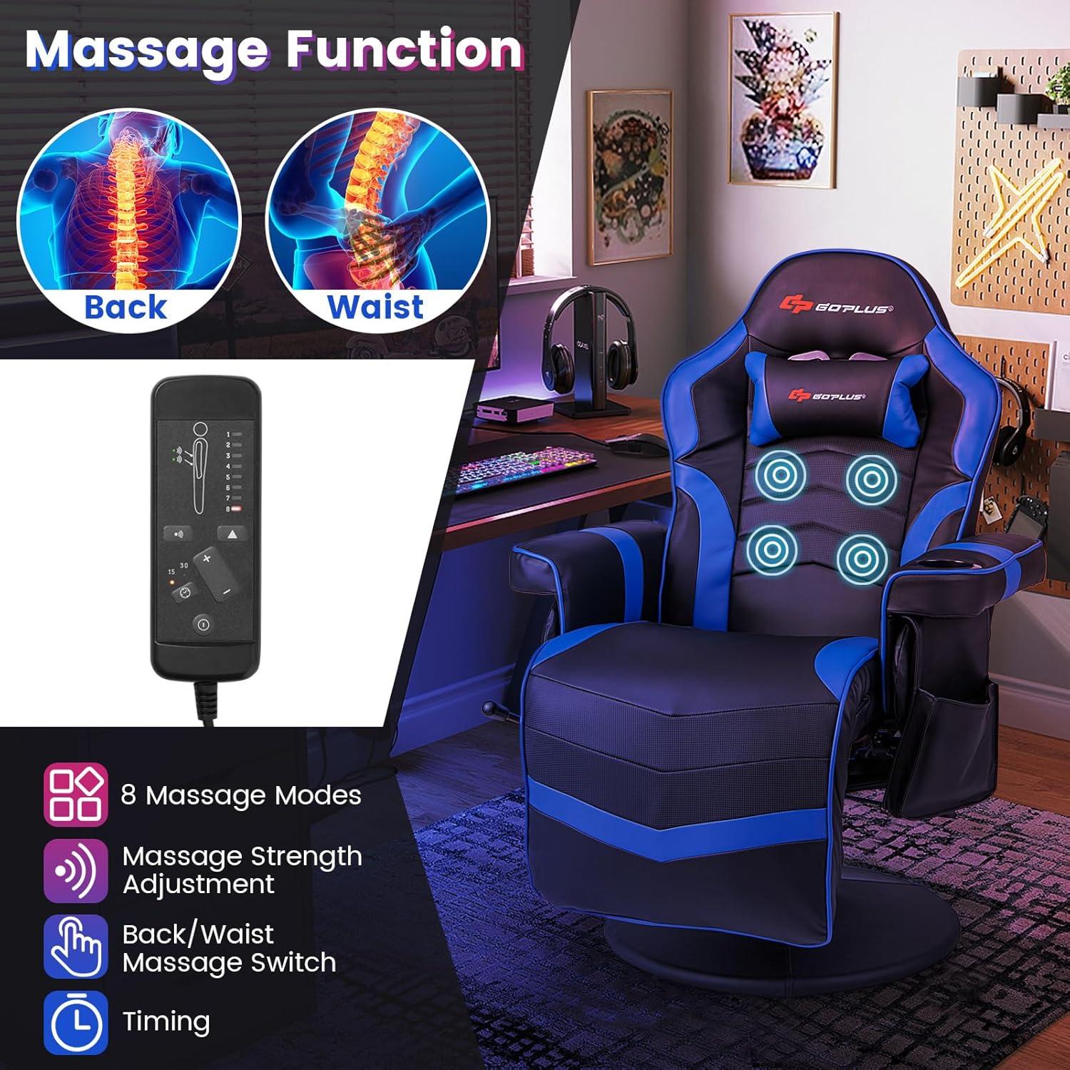 POWERSTONE Gaming Recliner Massage Gaming Chair with Footrest Ergonomic PU Leather Single Sofa with Cup Holder Headrest and Side Pouch, Adjustable Living Room Chair Seating, Black