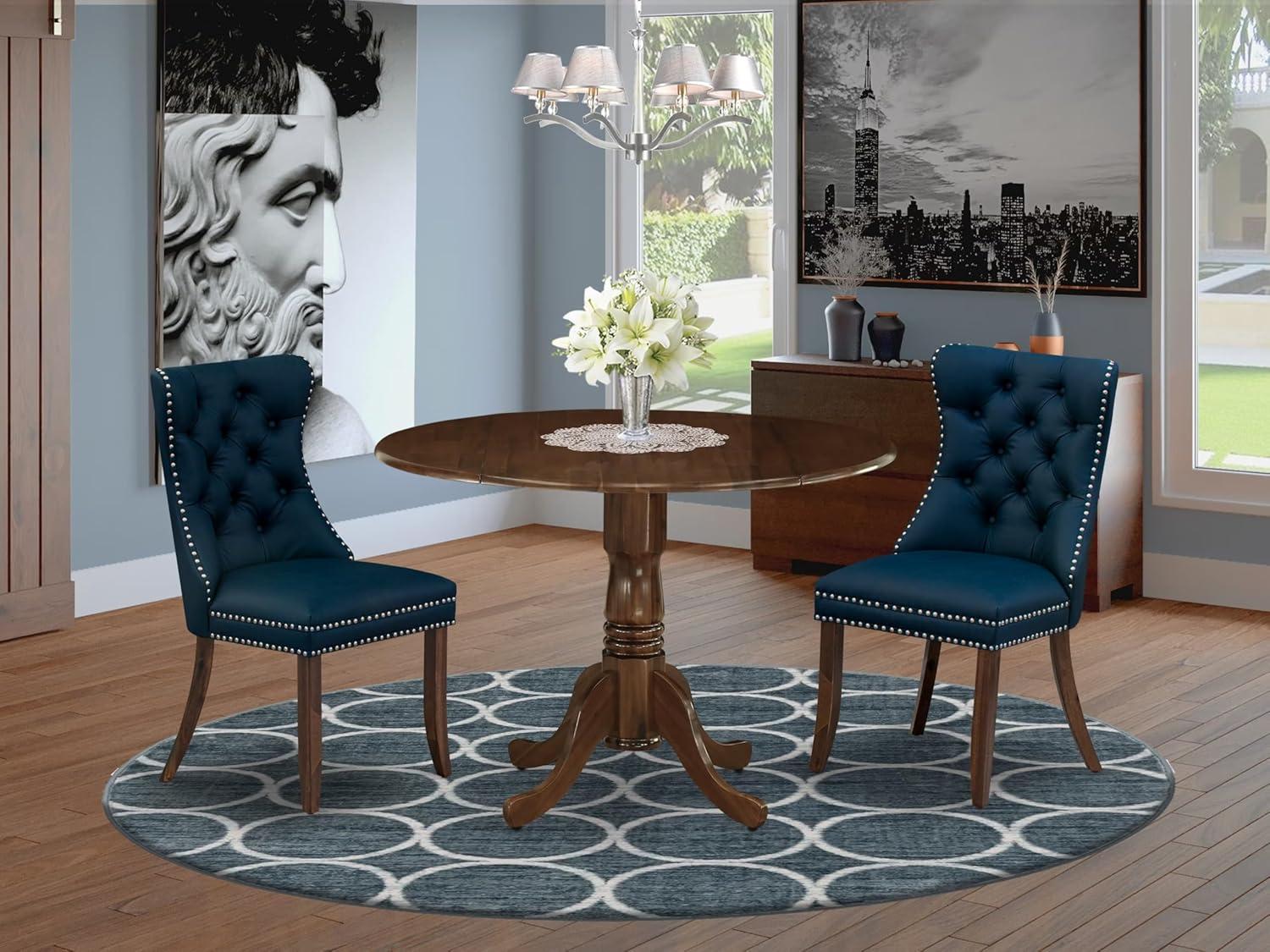 Antique Walnut Round Rubberwood Dining Table with Dropleaf and 2 Navy Blue Faux Leather Chairs