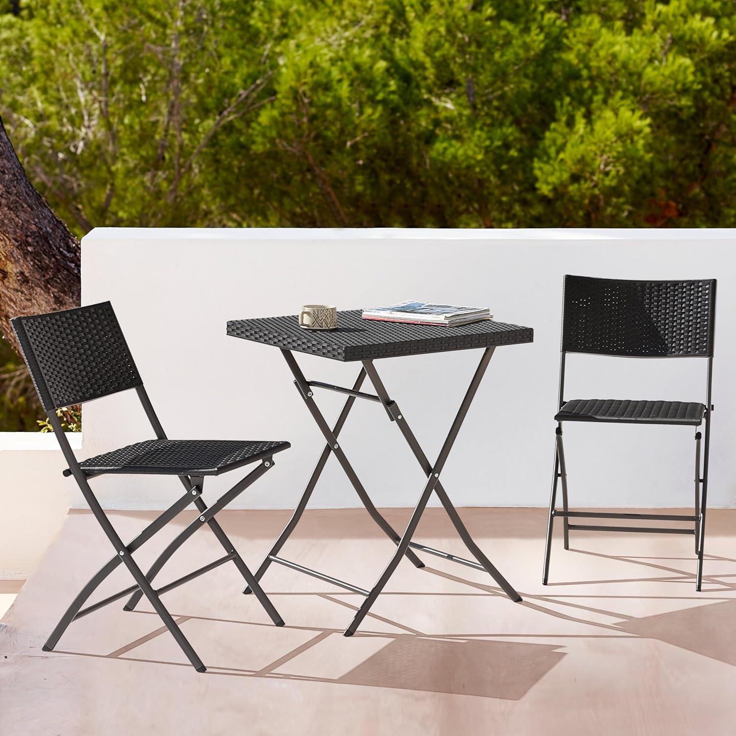 Nuu Garden 3 -Piece Black Rattan Bistro Patio Dining Set Iron Square Table with 2 Stationary Chairs