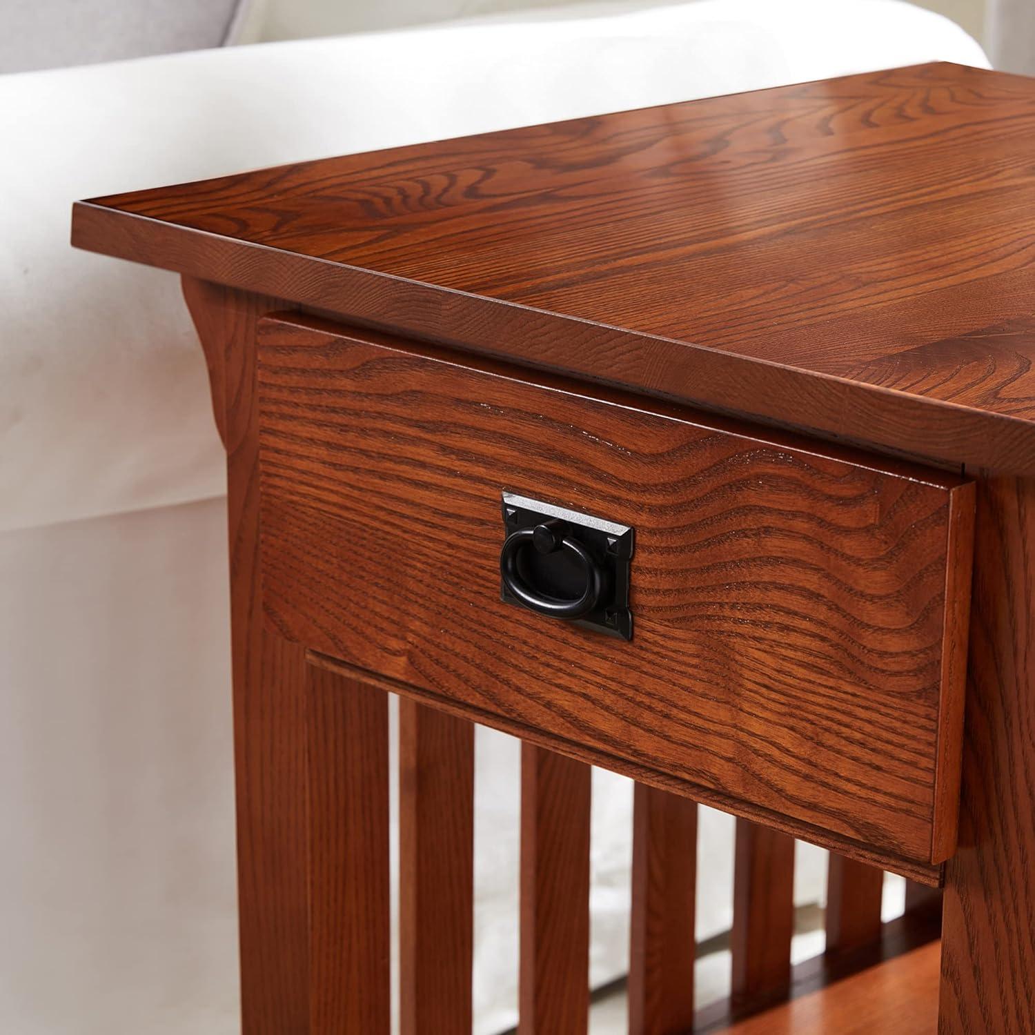 Medium Oak Wood Rectangular End Table with Storage