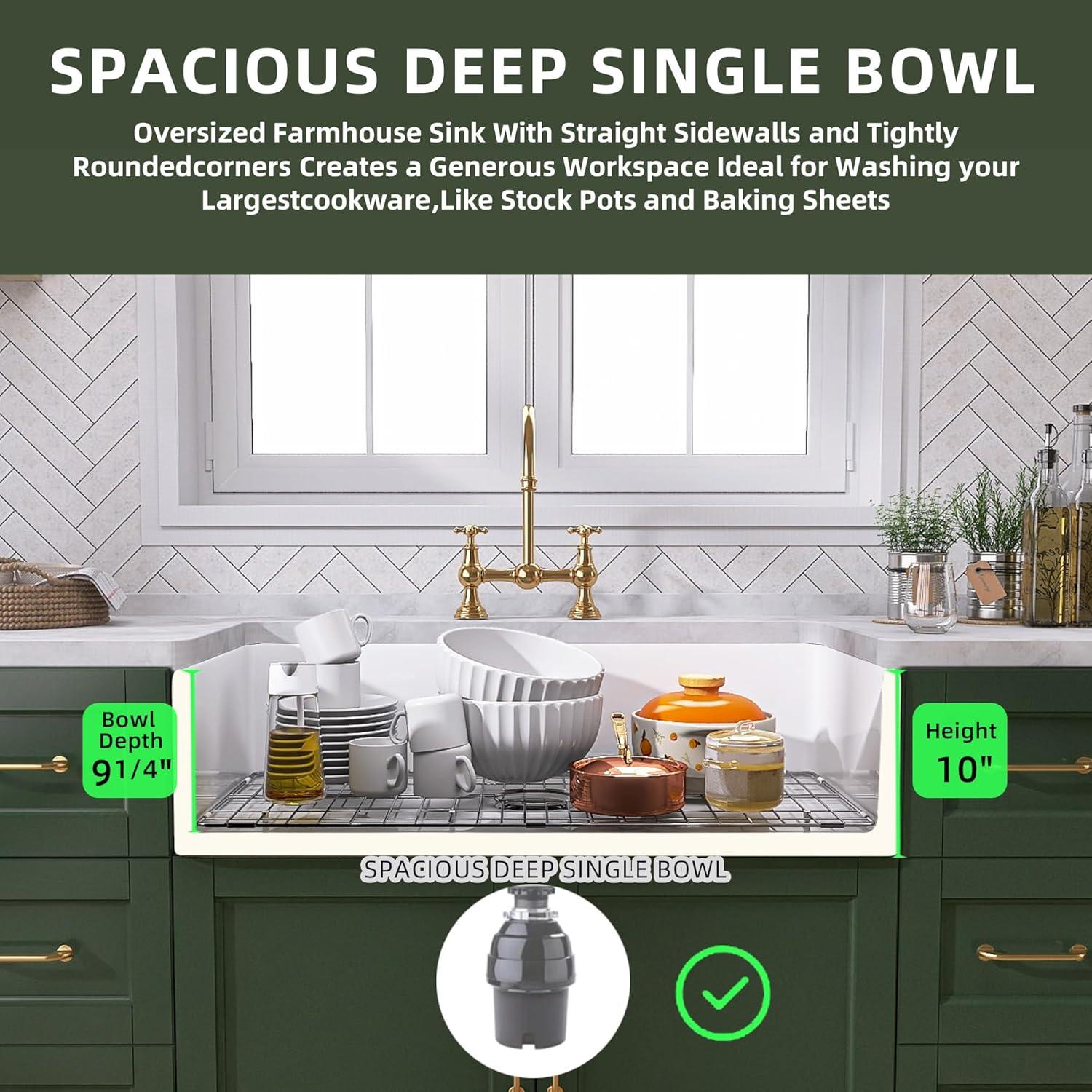 TUKTUK White Farmhouse Sink 36 inch Fireclay Farm Sink Apron Front Single Bowl Kitchen Sinks Deep Large Capacity Porcelain Ceramic Sink Undermount Luxury Bottom Grid & Strainer Drain Included