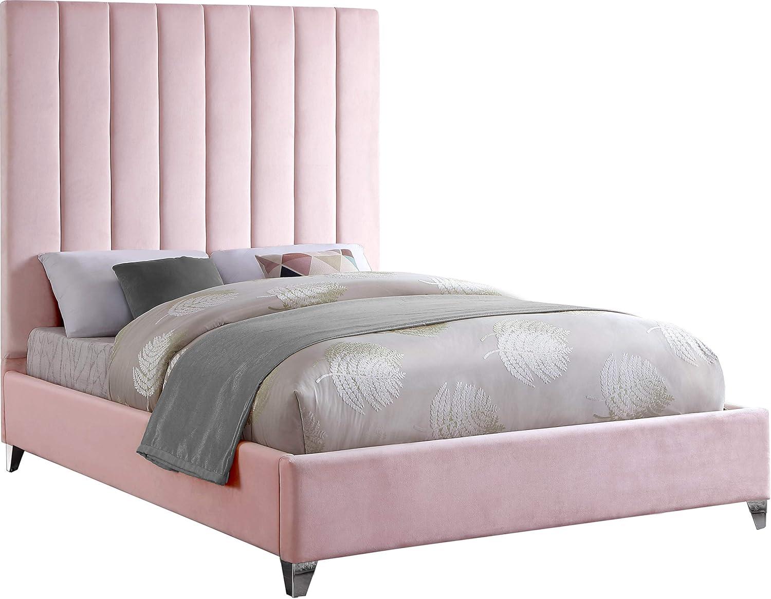 Elegant Pink Velvet Upholstered Queen Bed with Tufted Headboard
