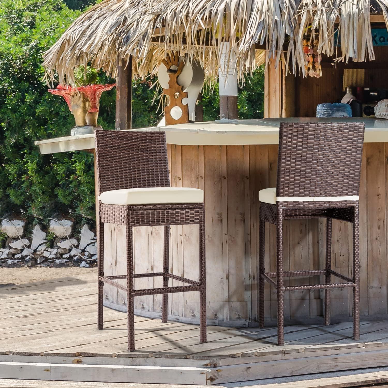 Outdoor Bar Stools Wicker Patio Stools & Bar Chairs Set of 2 Counter Height Stools Footrest Armless Brown