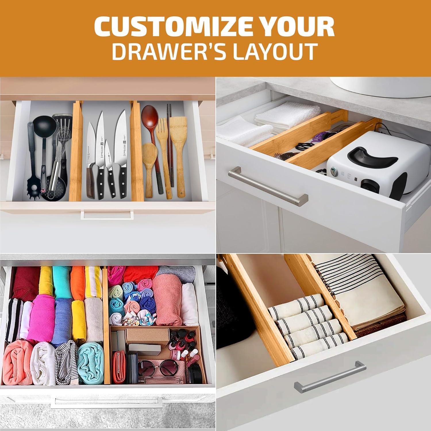 Drawer Dividers 4 Pack - Adjustable Bamboo Organizers 12.2" to 17.3", 2.6" Tall Expandable Separators for Kitchen, Dresser, Bedroom, Office or Bathroom Drawers