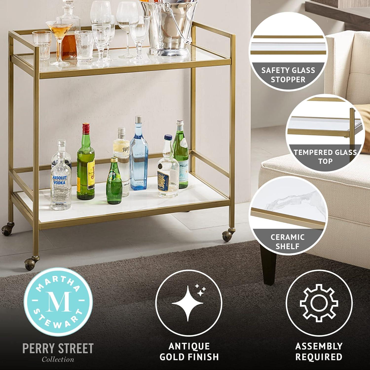 Martha Stewart Lionel 2-Tier Bar Cart with Glass Top and Ceramic Shelf