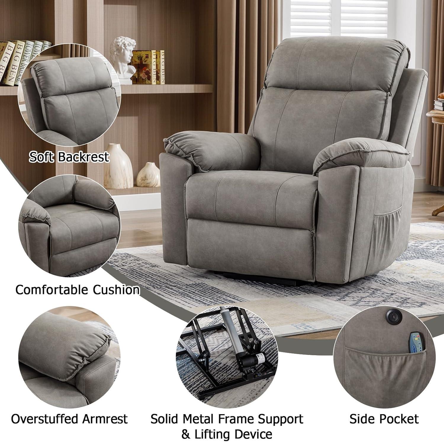 Phoenix Home Large Power Lift Recliner with Massage and Heat for Elderly, Heavy Duty & Safety Motion Reclining Mechanism, Ergonomic Electric Wider Chair with USB Port, 2 Hidden Cup Holders, Brown2