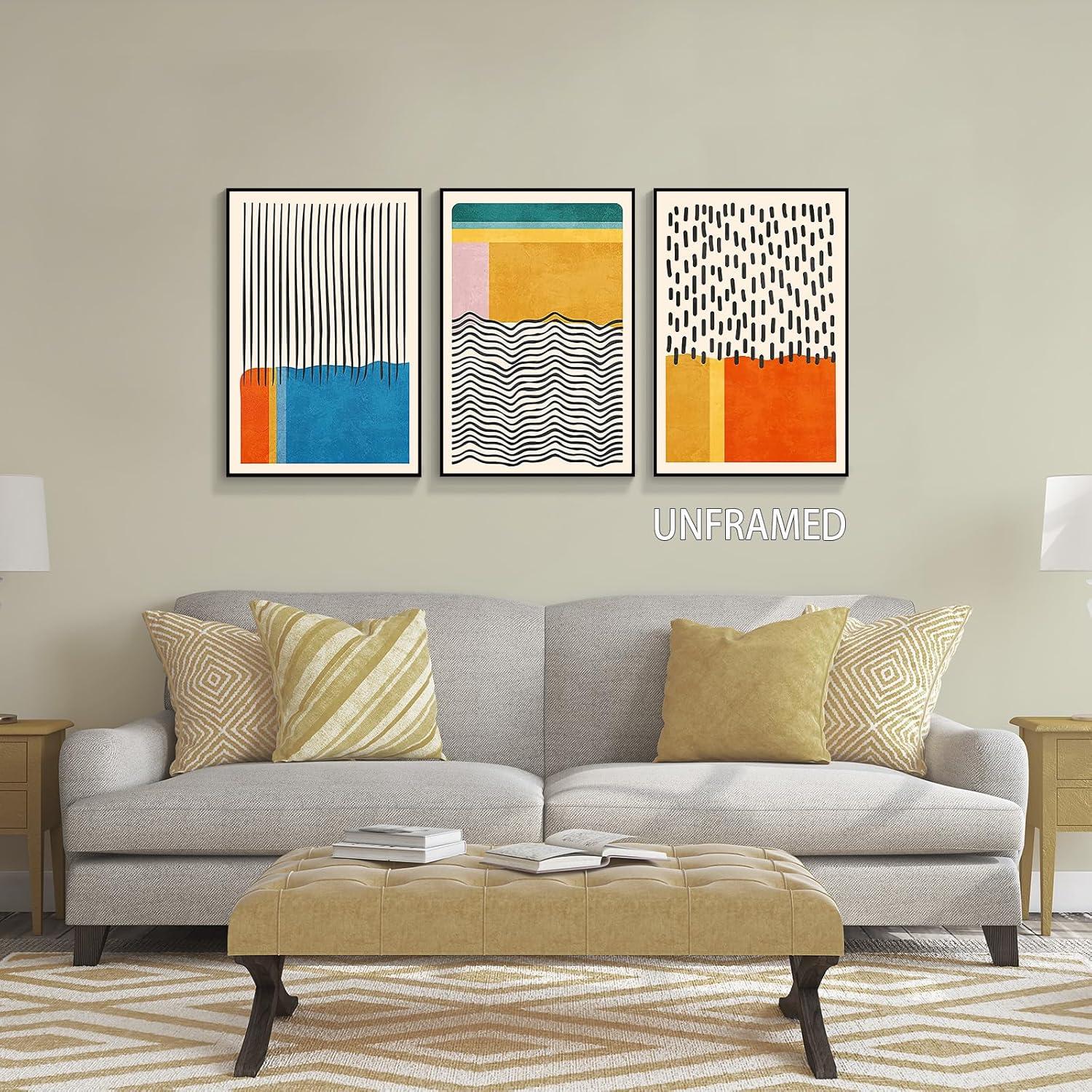 Midcentury Modern Framed Wall Art for Living Room Set of 3 Mid Century Modern Abstract Canvas Painting Print Boho Color Blocks Home Decor Colorful Minimalist Pictures for Bedroom 12"x16"x3