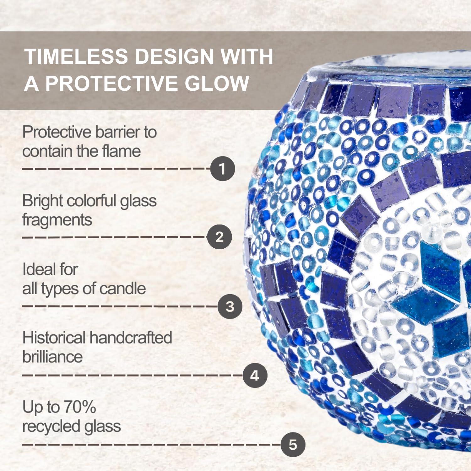 Kafthan 3.4 in. Handmade Blue and White Mosaic Glass Votive Candle Holder