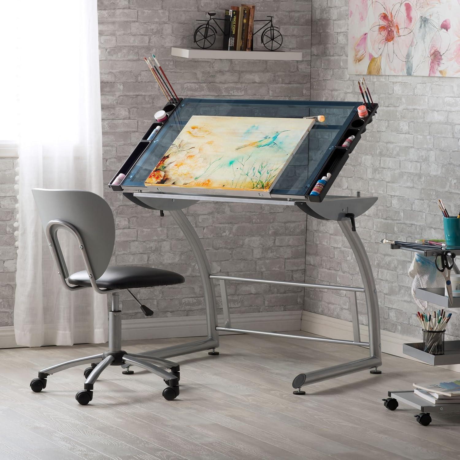 Inbox Zero Cournoyer Glass Top Metal Base Drafting Table